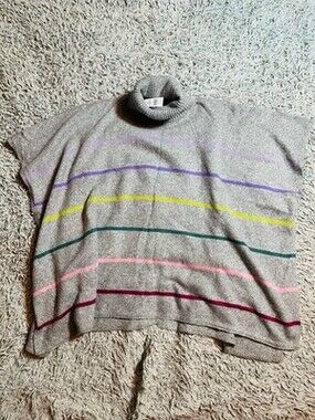 LOFT Oversized Soft & Cozy Gray Striped Turtleneck Poncho Sweater Medium Large